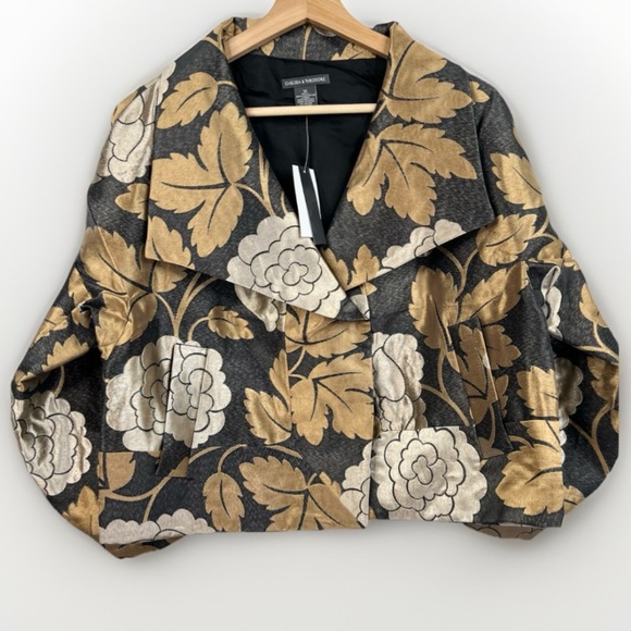 CHELSEA & THEODORE Harlow Jacket Size 6 Black Floral Cropped Metallic 3/4 sleeve - Picture 12 of 14